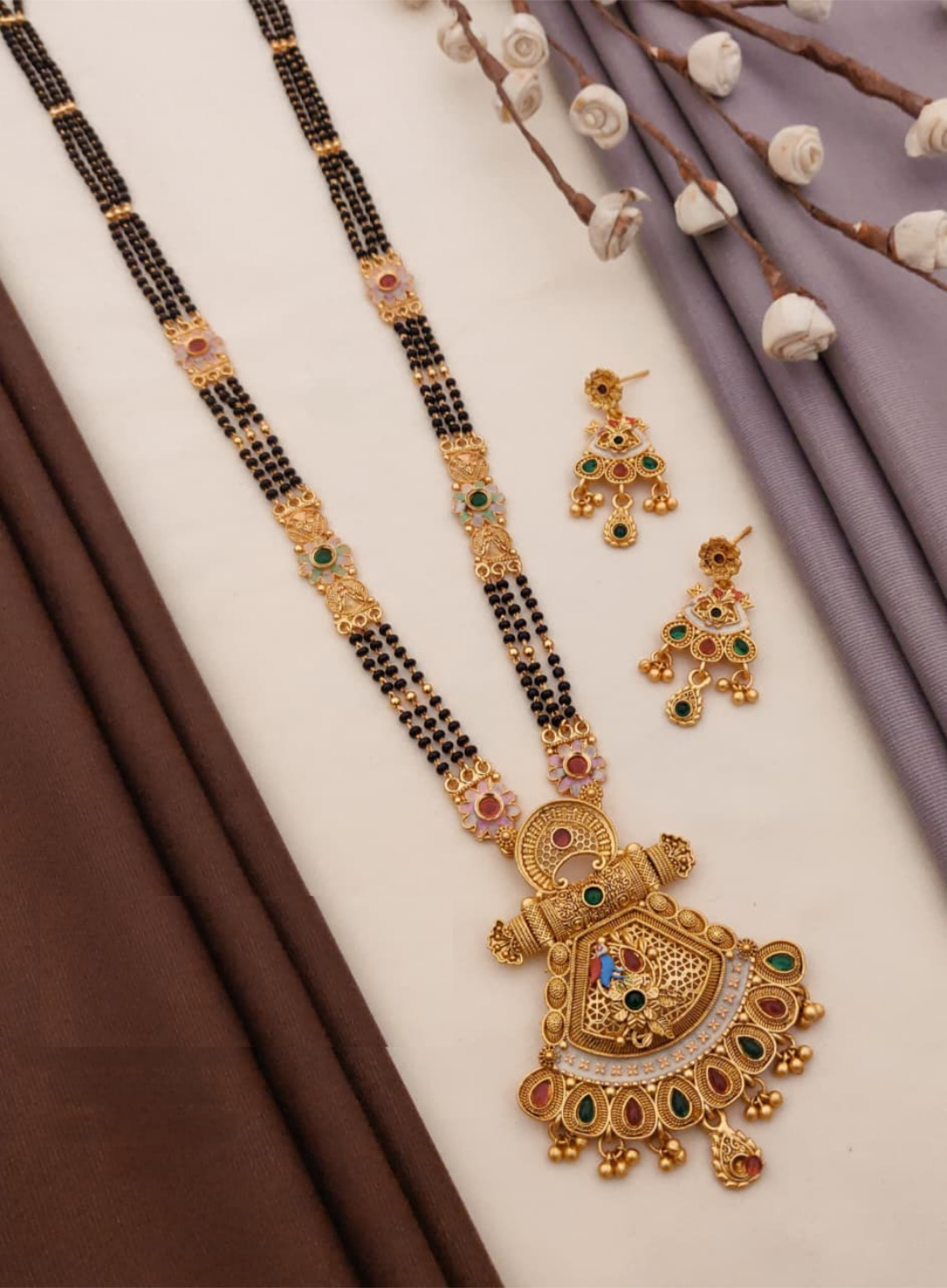 Vintage Rajwadi Mangalsutra Set Featuring Intricate Gold Plated Brass With Matching Earrings