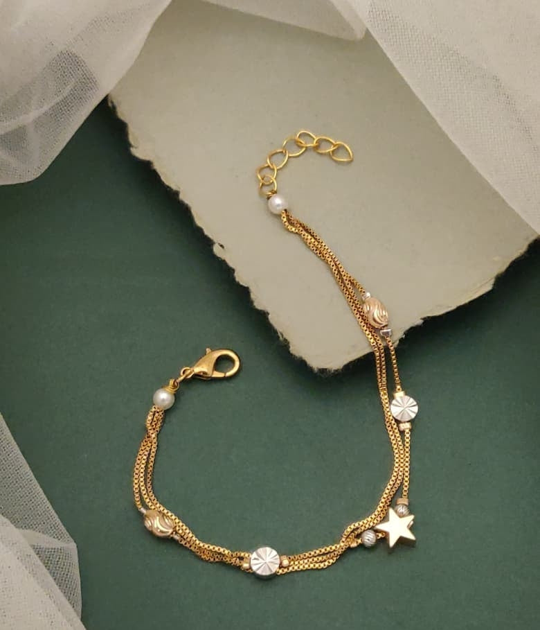 Prestige Pearls Gold Plated Multi Strand Charm Bracelet Featuring Clover Motifs And Faux Pearls