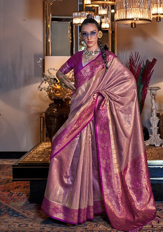 Graceful Purple And Gold Handwoven Zari Tissue Silk Saree
