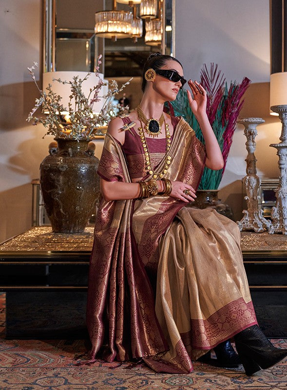 Classic Rust And Gold Handwoven Zari Tissue Silk Saree