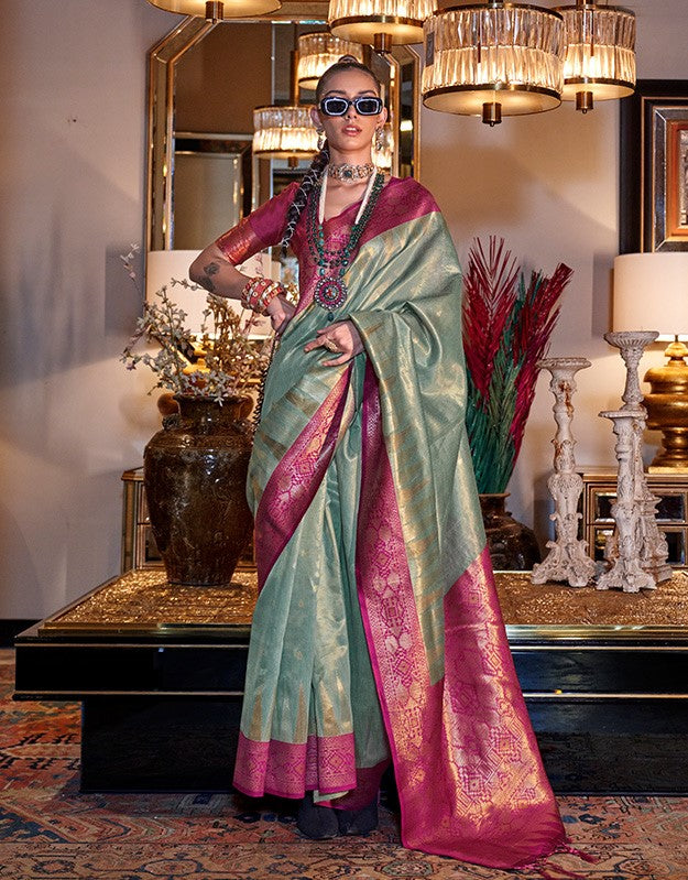 Stylish Sea Blue And Purple Handwoven Zari Tissue Silk Saree