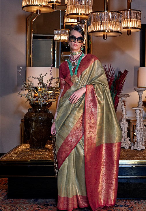 Gold and Maroon Handwoven Zari Tissue Silk Saree