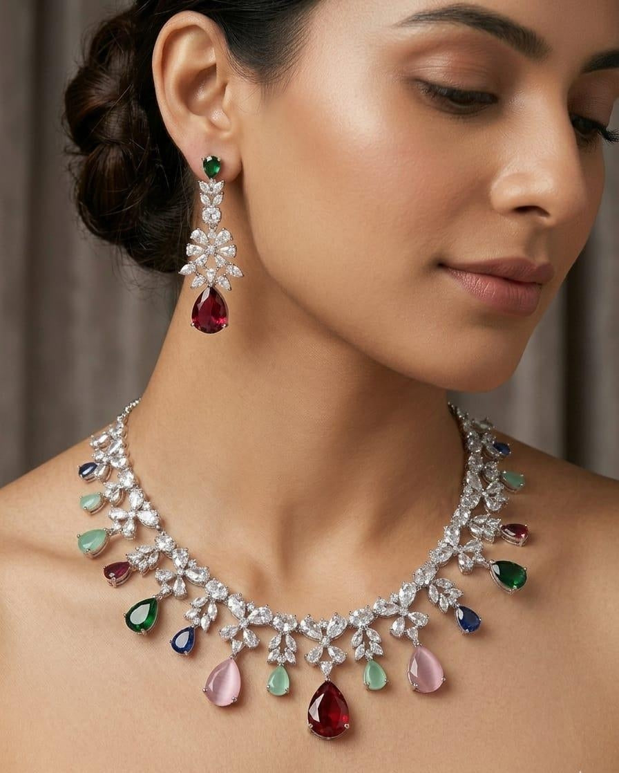 Stunning Multicolor Crystal Necklace Earrings Set Featuring Silver Bridal Jewellery