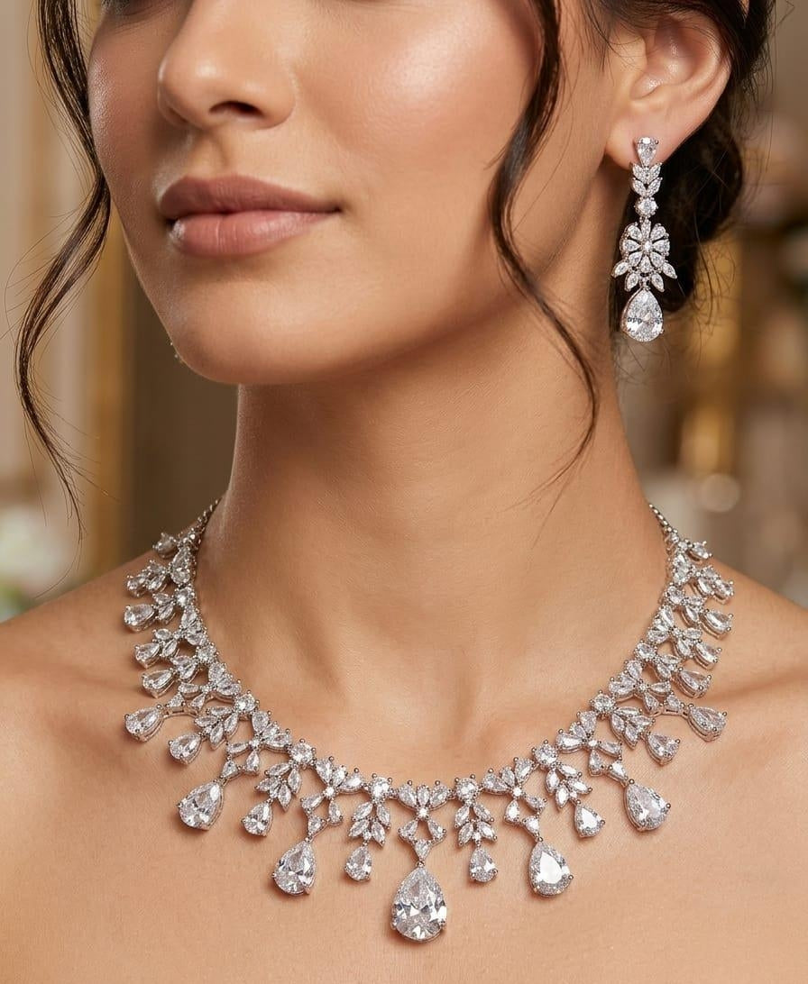 Stunning White Crystal Necklace Earrings Set Featuring Silver Bridal Jewellery