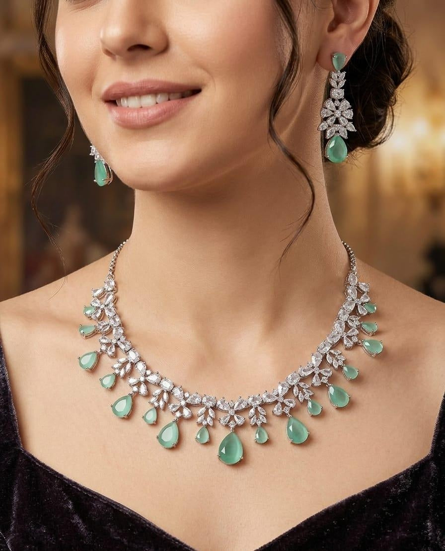 Stunning Sea Green Crystal Necklace Earrings Set Featuring Silver Bridal Jewellery