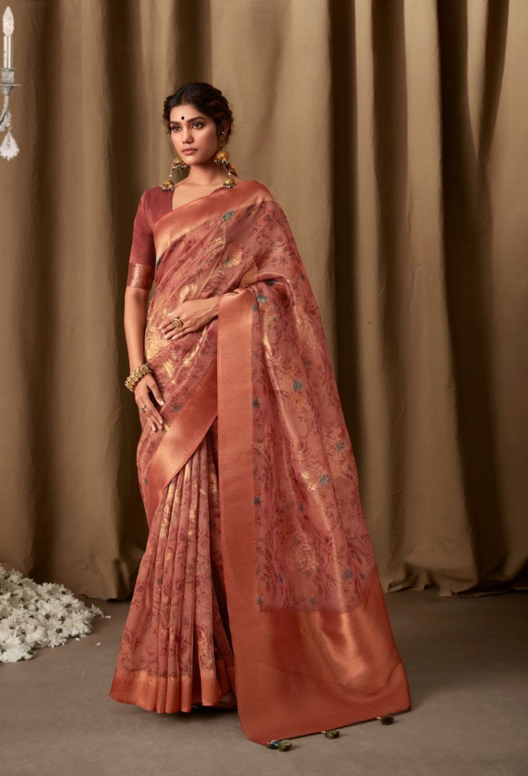 Tailored-To-Perfection Rust Premium Febric With Embroidery Or Swrovski Work Saree