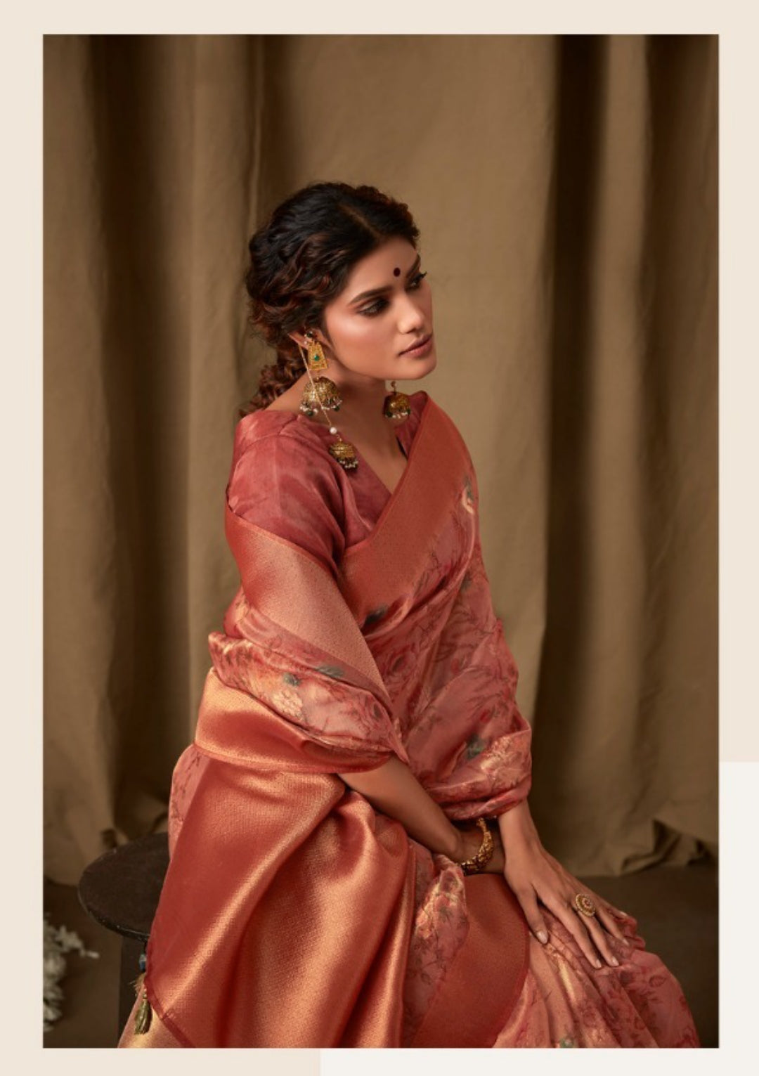 Tailored-To-Perfection Rust Premium Febric With Embroidery Or Swrovski Work Saree