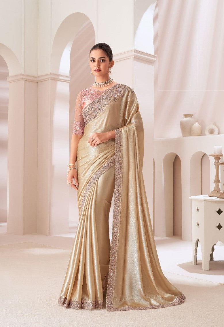 Opulent Beige Satin Chiffon Boutique Style Saree