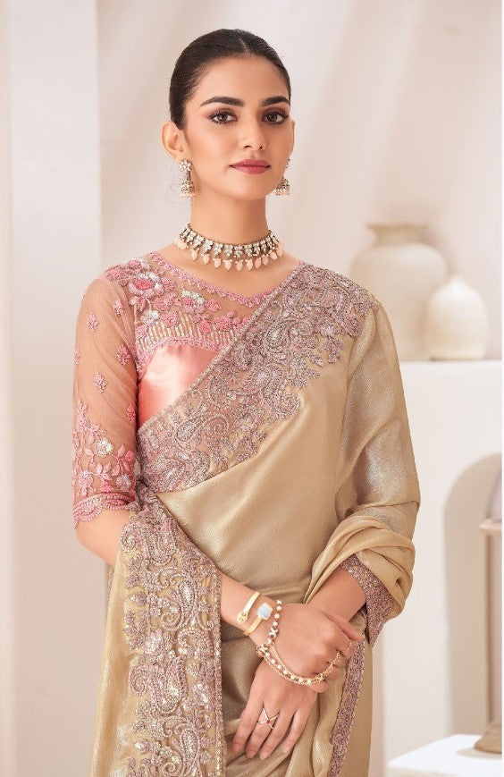 Opulent Beige Satin Chiffon Boutique Style Saree