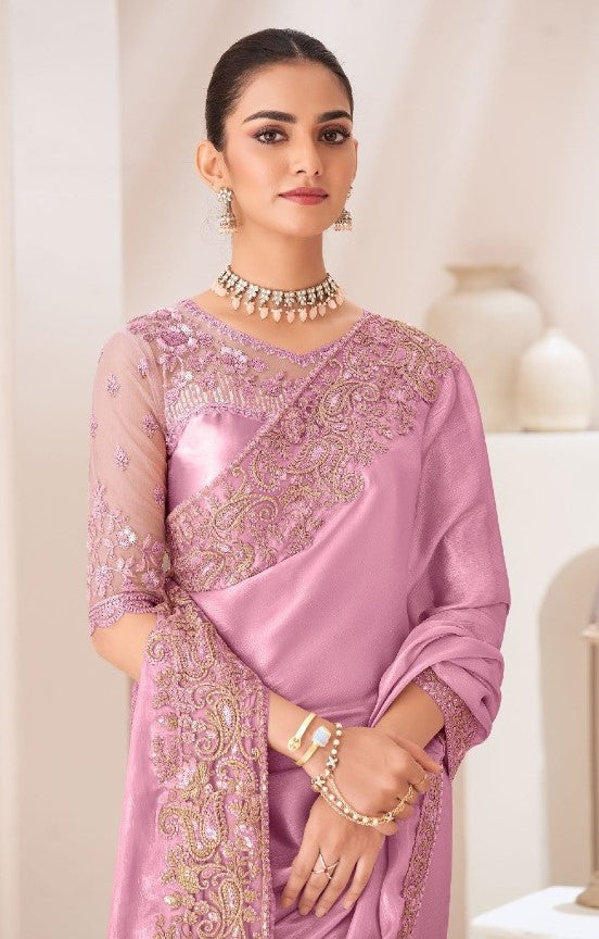 Graceful Violet Satin Chiffon Boutique Style Saree