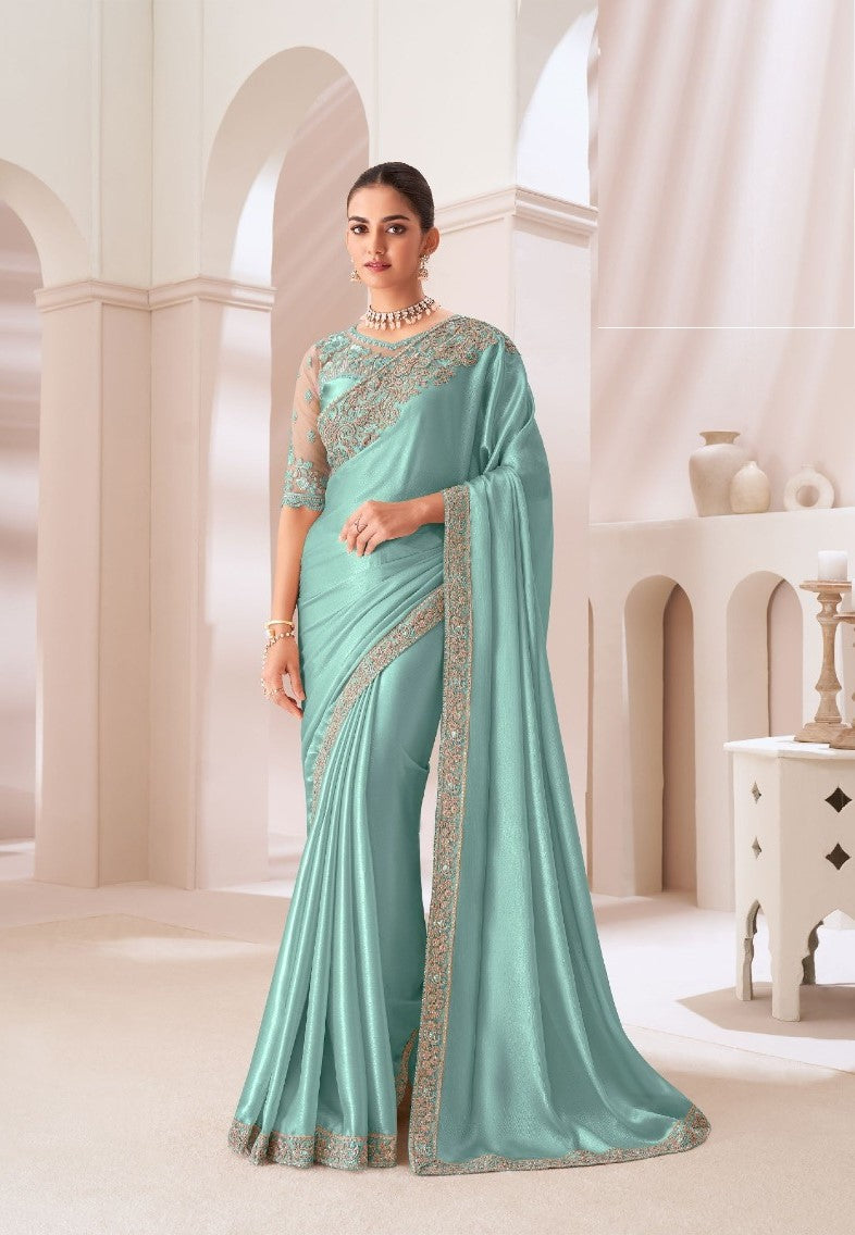 Trendy Sky Blue Satin Chiffon Boutique Style Saree