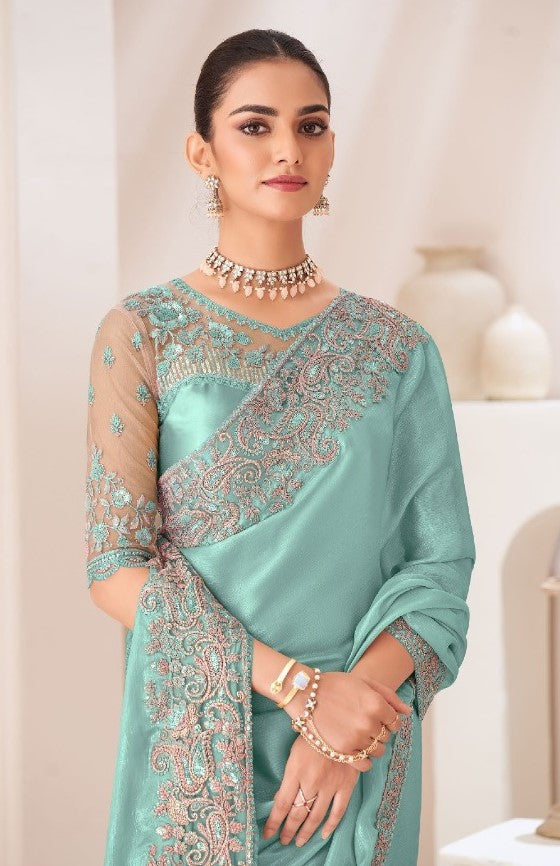Trendy Sky Blue Satin Chiffon Boutique Style Saree