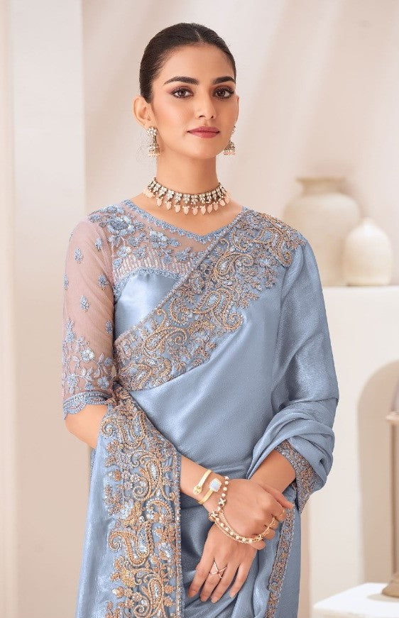 Flawless Blue Satin Chiffon Boutique Style Saree