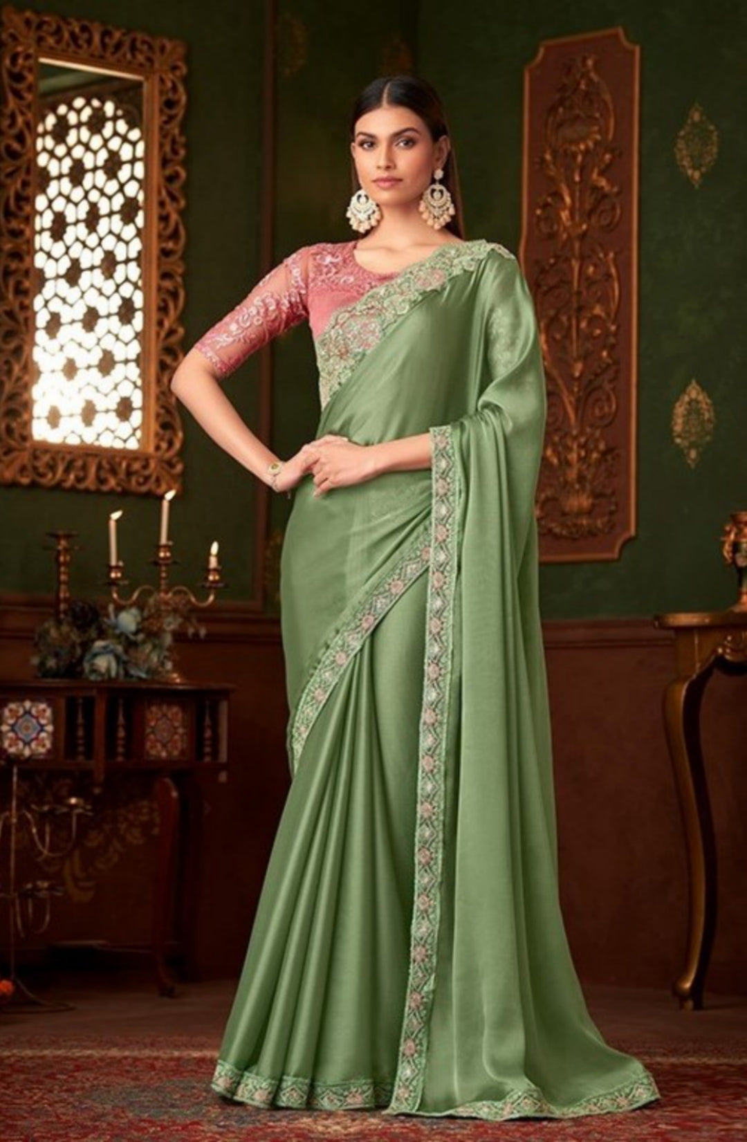 Sea Green And Light Pink Chiffon With Embroidery Work saree