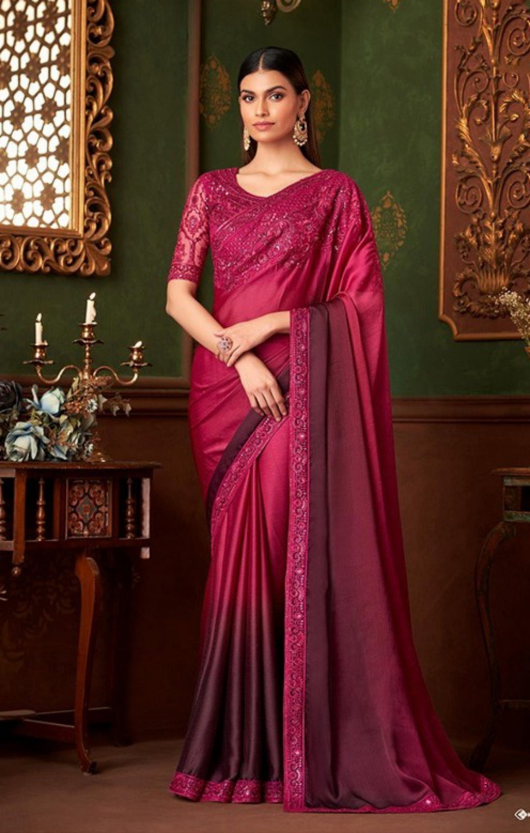 Dark Pink Chiffon With Embroidery Work saree