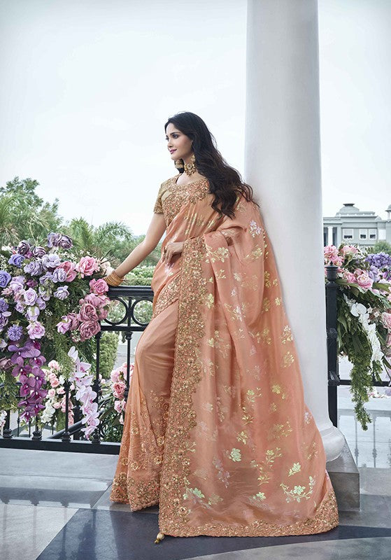 Peach Soft Fancy Saree With Beautiful Zari Embroidery Work