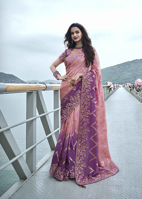 Purple And Pink Beautiful Saree With Embroidery Work