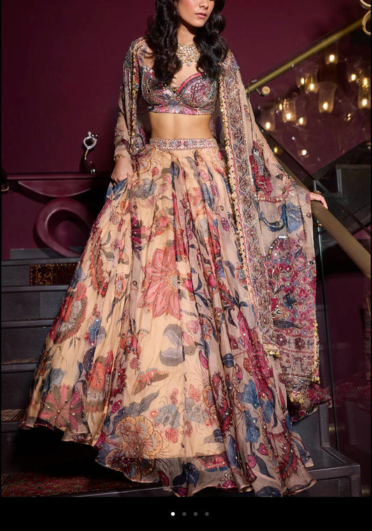 Beige Hand Embroidered Organza Floral Lehenga Set