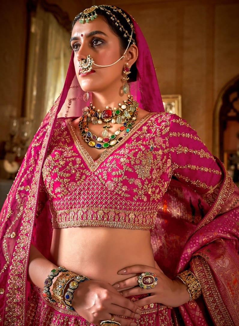 Refined Pink Bridal tone Silk Sequins Embroidery Zari Weaving Work Bridal Lehenga