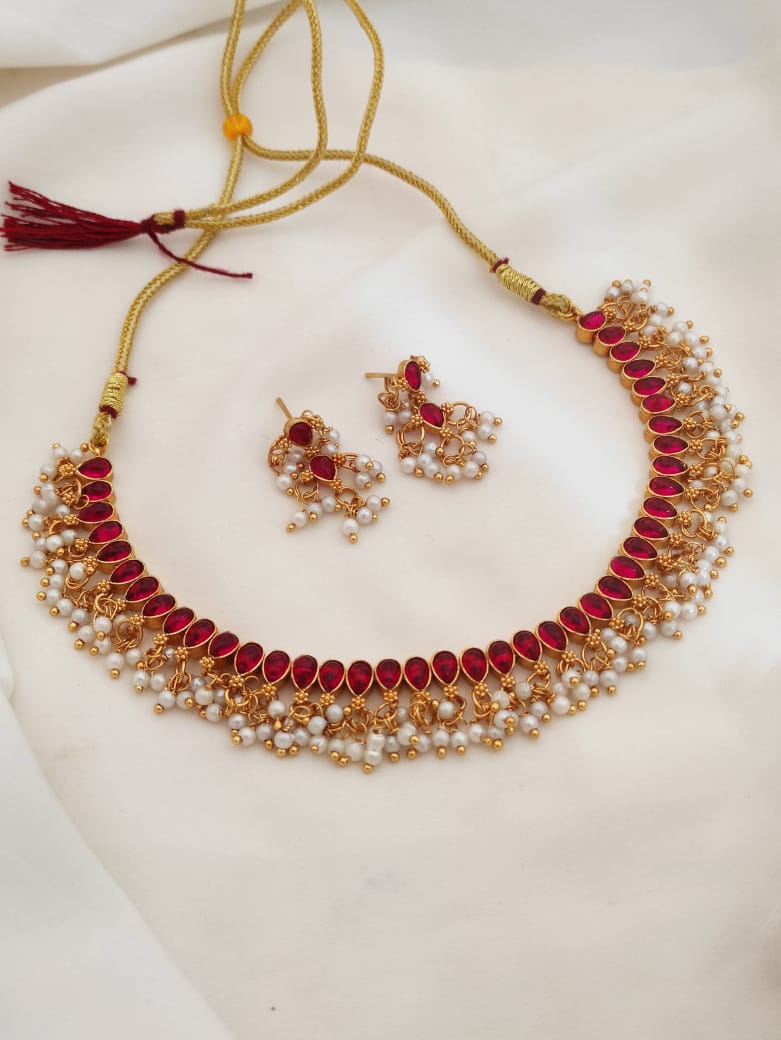 Elegant Maroon Stone Studded Choker Necklace Set