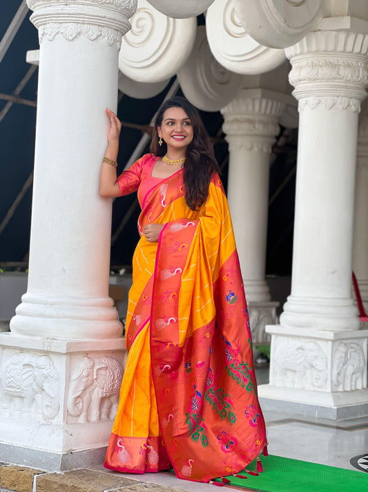 Women Mustard And Coral Paithani Soft Silk Saree