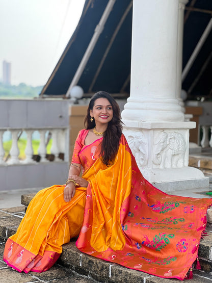 Women Mustard And Coral Paithani Soft Silk Saree