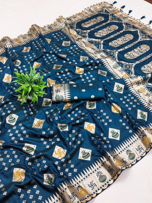 Women Dark Teal Paithani Soft Silk Saree