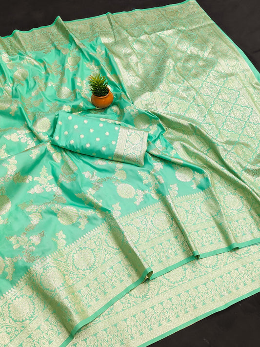 Women Sky Blue Silk Banarasi Soft Saree  Saree