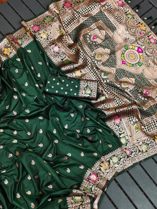 Women Dark Green Silk Floral Saree