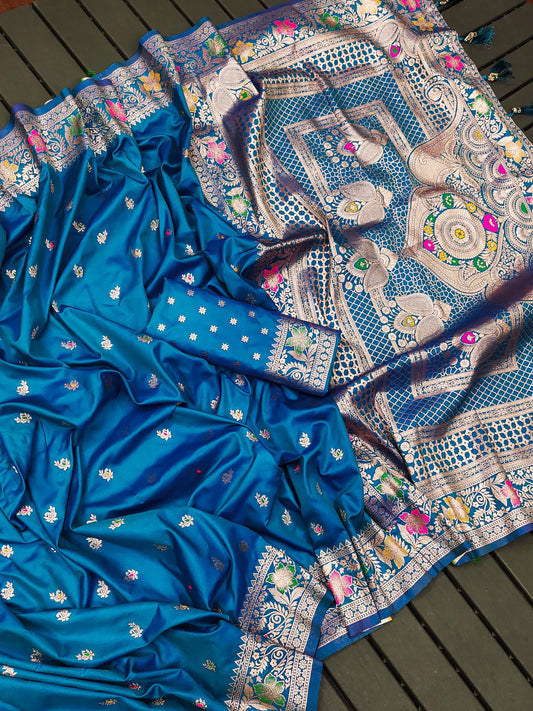 Women Blue Silk Floral Saree