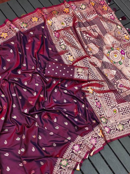 Women Burgundy Silk Floral Saree