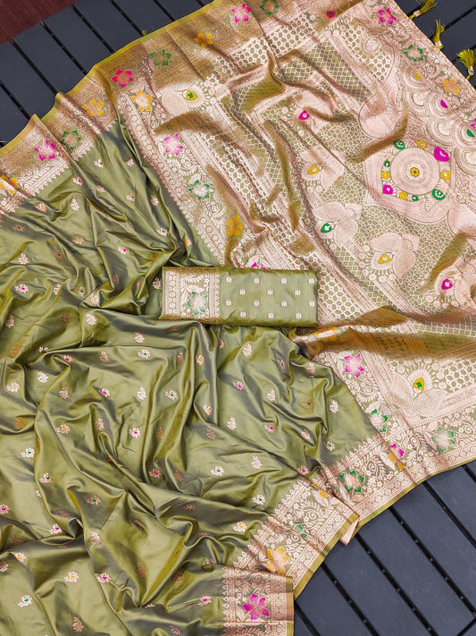 Women Pista Green Silk Floral Saree
