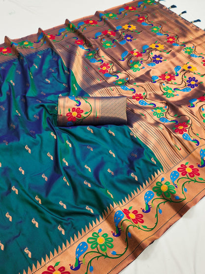 Women Teal Silk Meenakari Weaving Saree