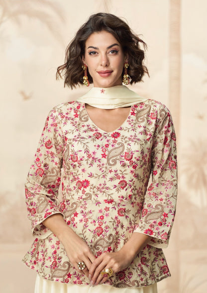 Women Cream Premium Chinnon Silk Gharara Bottom Suit Set