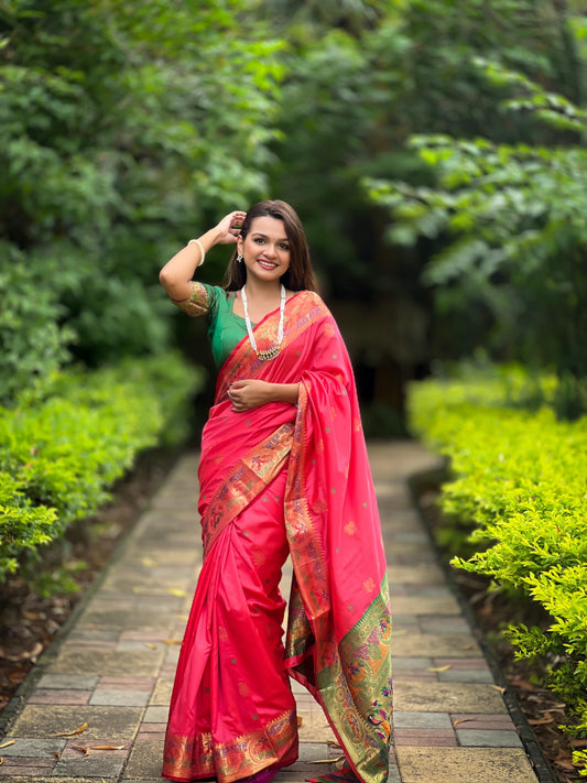 Women Pink And Green Silk Saree