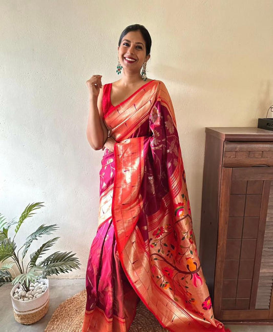 Women Pink And Red Banarasi Soft Silk Saree