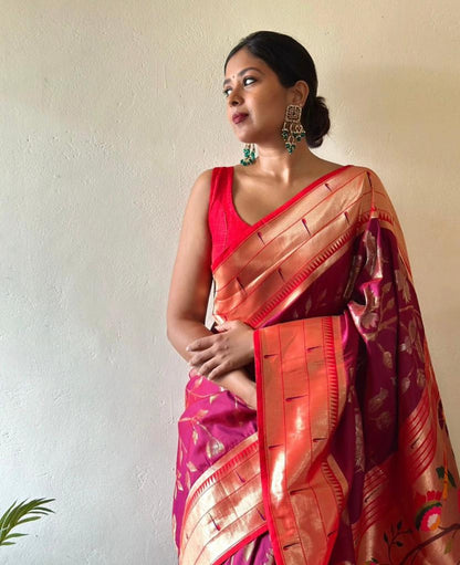 Women Pink And Red Banarasi Soft Silk Saree