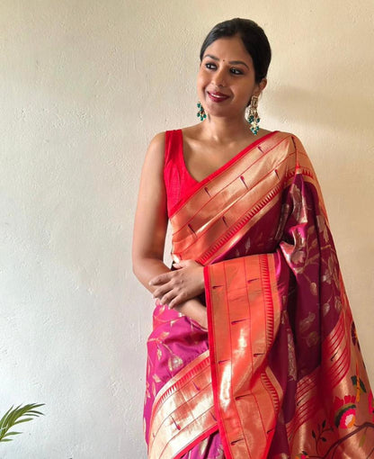 Women Pink And Red Banarasi Soft Silk Saree