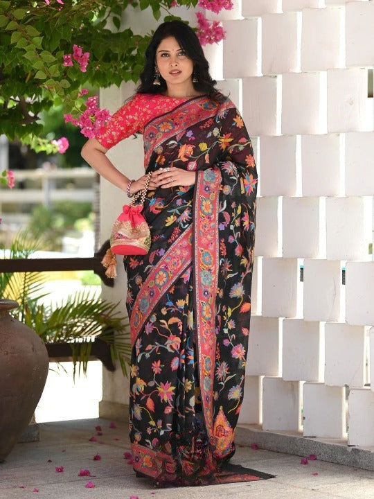 Women Black Multi Banarasi Soft Silk Saree
