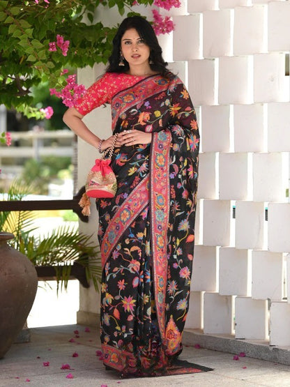 Women Black Multi Banarasi Soft Silk Saree