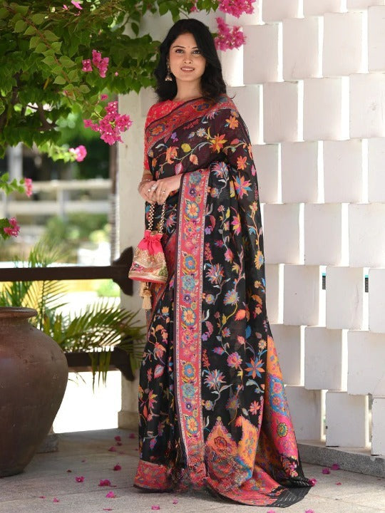 Women Black Multi Banarasi Soft Silk Saree