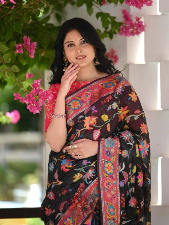 Women Black Multi Banarasi Soft Silk Saree
