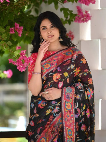 Women Black Multi Banarasi Soft Silk Saree