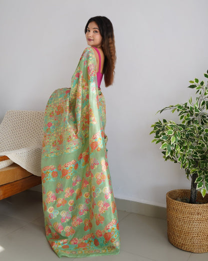 Women Sea Green Banarasi Soft Silk Saree