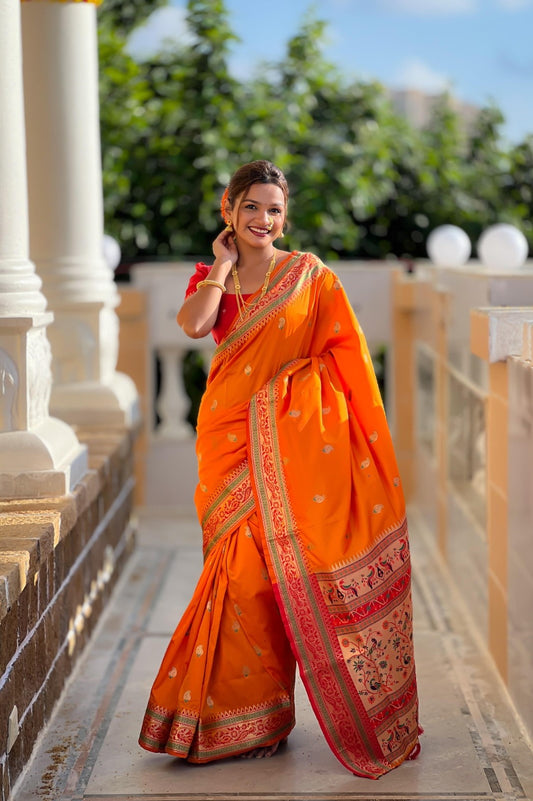 Women Orange And Red Pethani Silk Zari And Minakari Work Saree