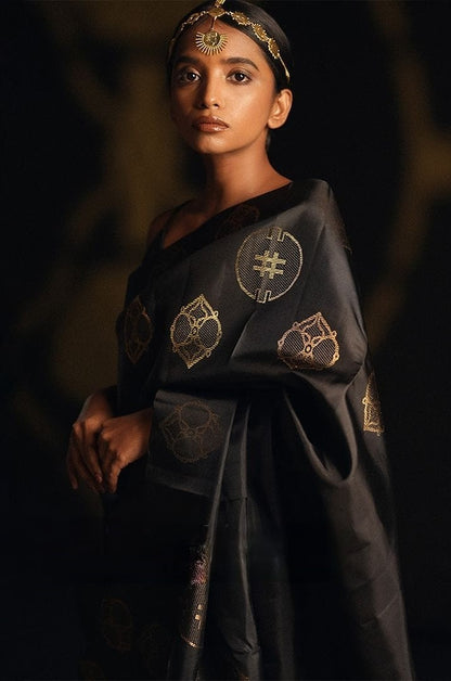 Women Black Silk Banarasi Saree