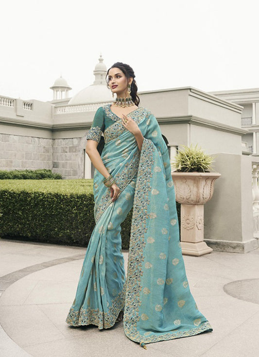 Sophisticated Sky Blue Pure Tissue Silk Fabric With Embroidery Bridal Heritage Saree