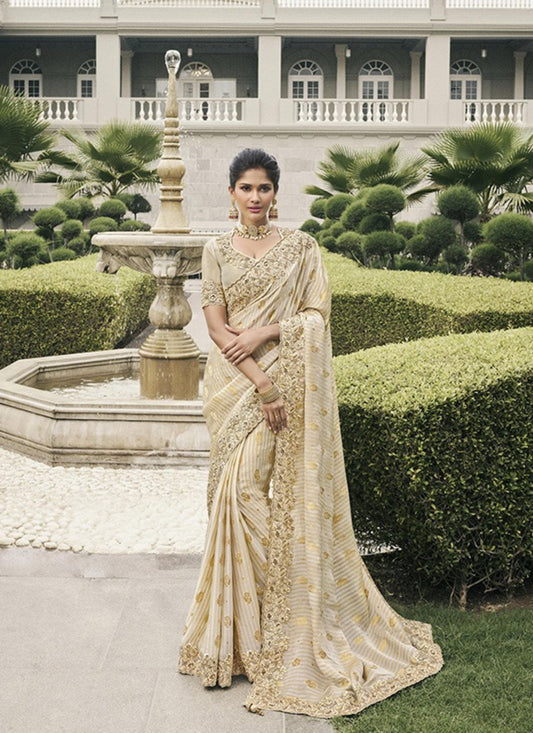 Luxurious Beige Pure Tissue Silk Fabric With Embroidery Bridal Heritage Saree