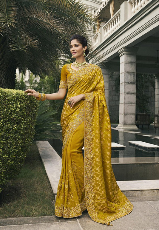 Refined Mustard Pure Tissue Silk Fabric With Embroidery Bridal Heritage Saree