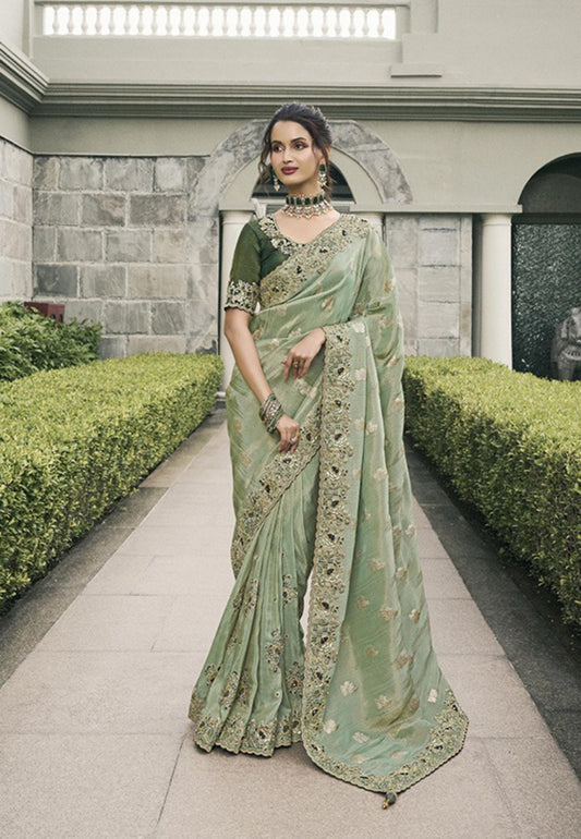 Tailored Green Pure Tissue Silk Fabric With Embroidery Bridal Heritage Saree